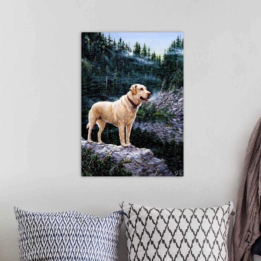 A bohemian room featuring A golden lab standing on a ledge.dog