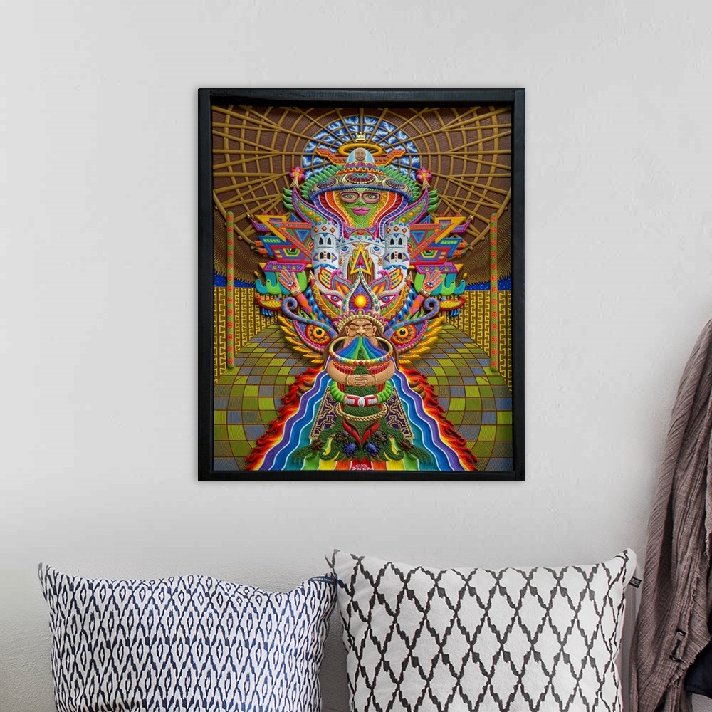 A bohemian room featuring Decorative artwork of psychedelic designs and concepts with colorful patterns.