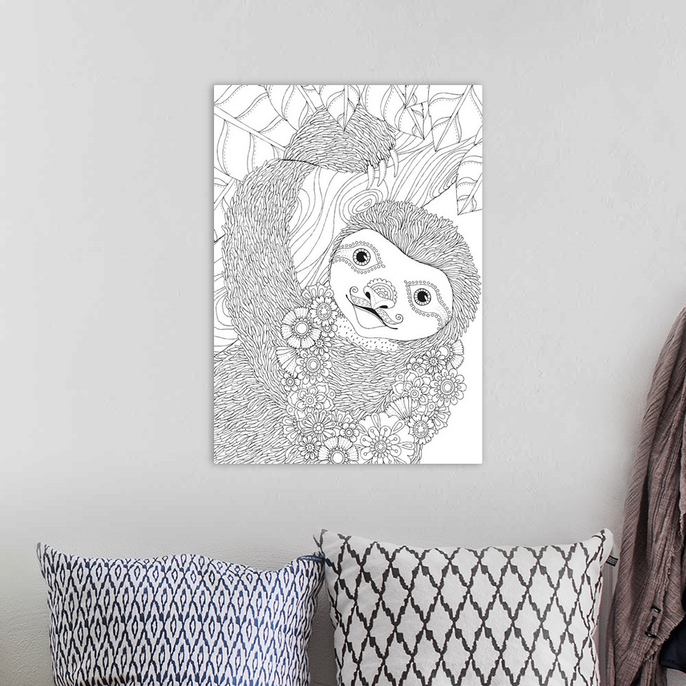 A bohemian room featuring Black and white line art of a intricately detailed sloth hanging from a tree and wearing a lei ma...