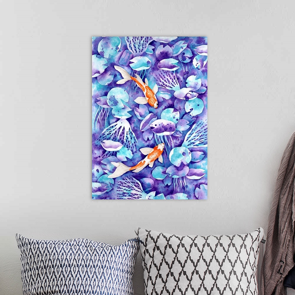 A bohemian room featuring Two little orange koi fish are painted on watery blue and purple background in watercolor on paper.