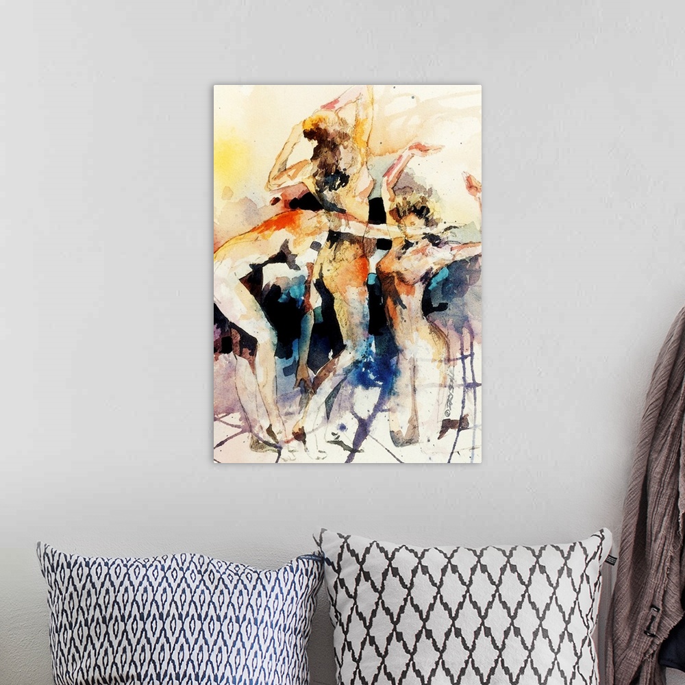 A bohemian room featuring Watercolor painting of a female figure in motion.