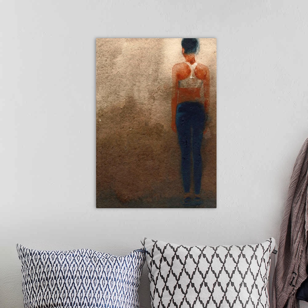 A bohemian room featuring Contemporary painting of an athlete seen from behind.