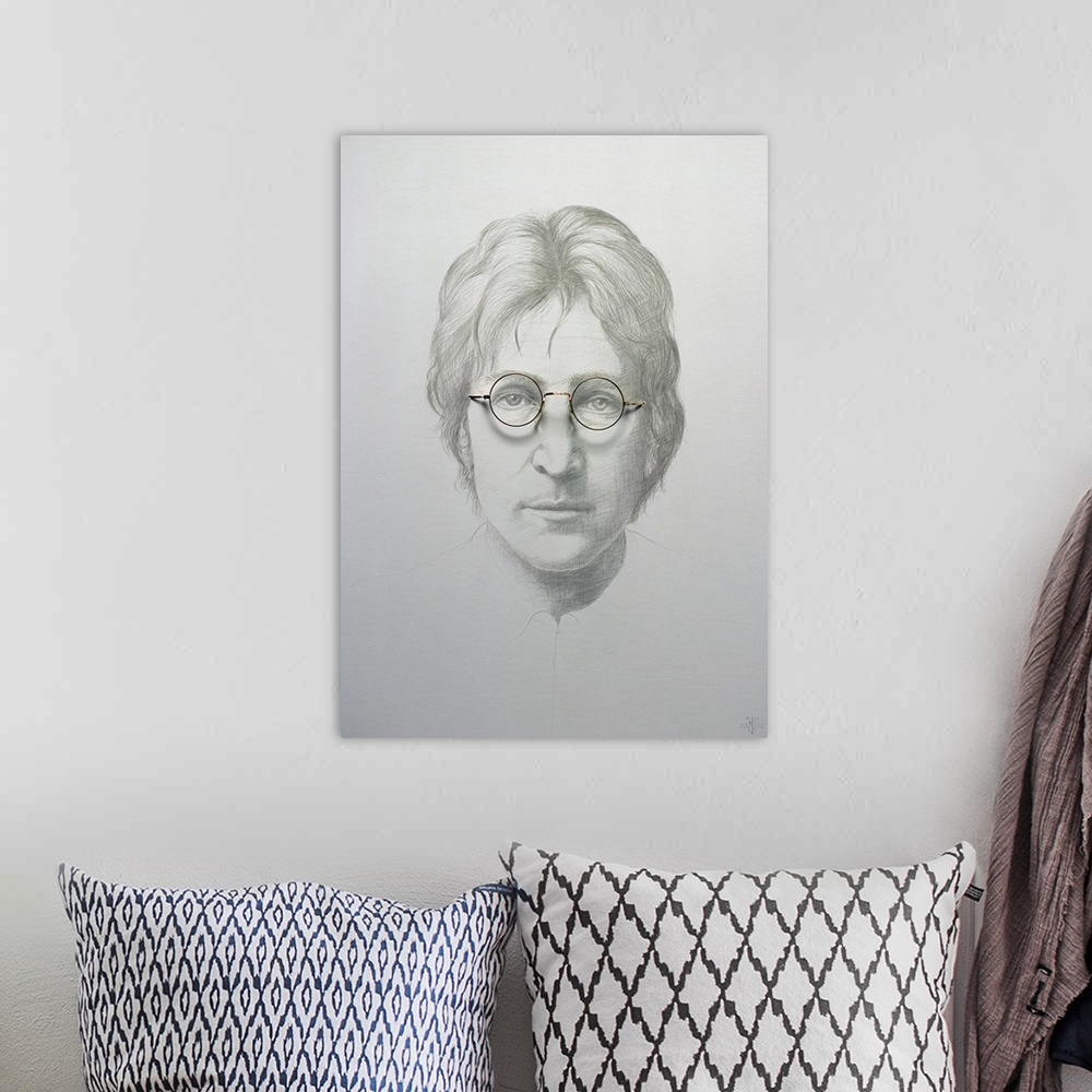 A bohemian room featuring Oversized, vertical artwork of a sketch of John Lennon with wavy, short hair and round glasses.  ...