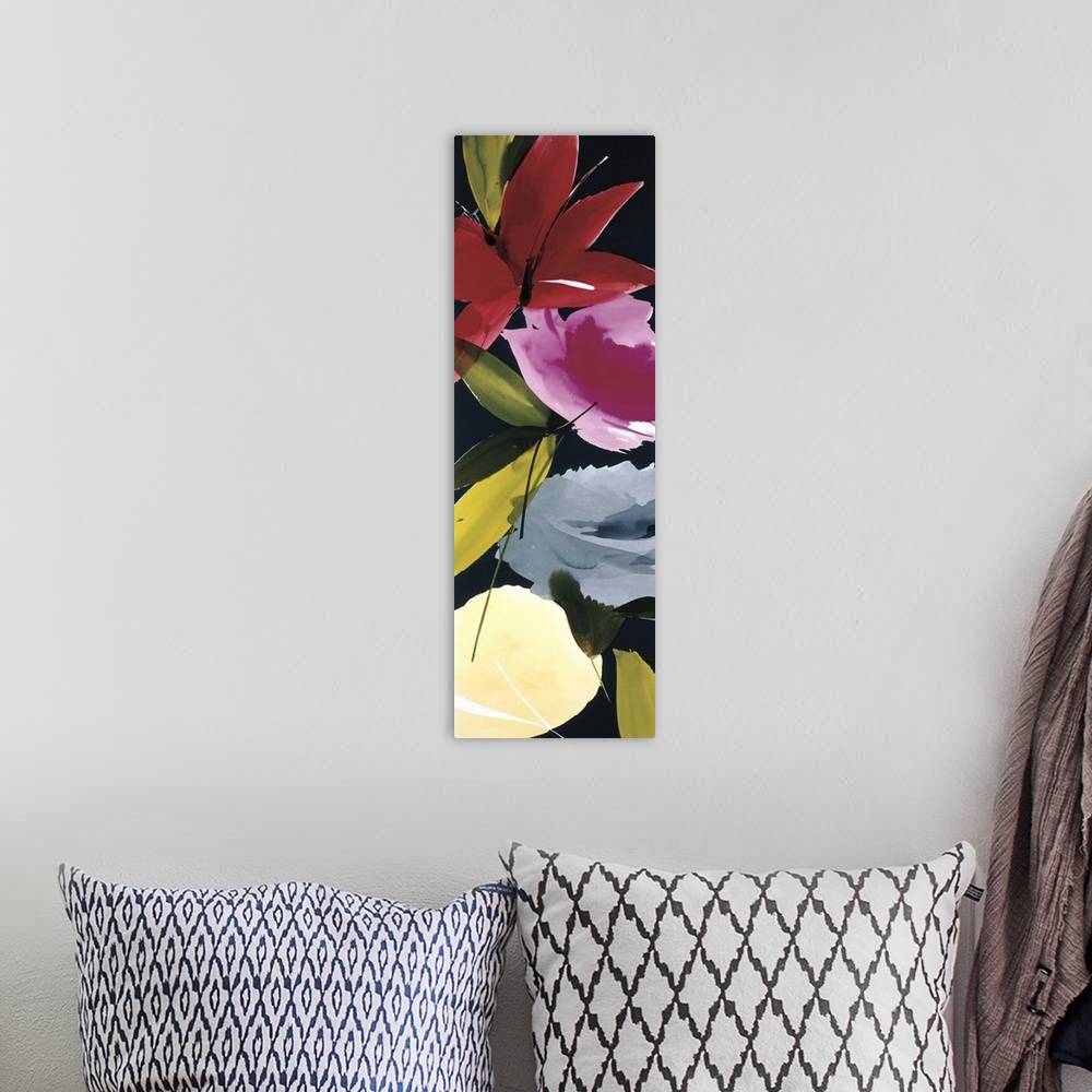 A bohemian room featuring A long vertical painting in a modern design of flowers and leaves on a black backdrop.