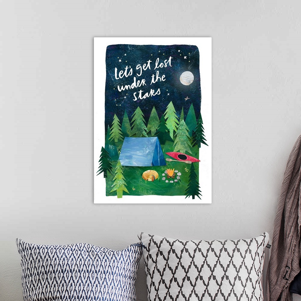 A bohemian room featuring Whimsical camping image depicts the magic of sleeping under the stars.