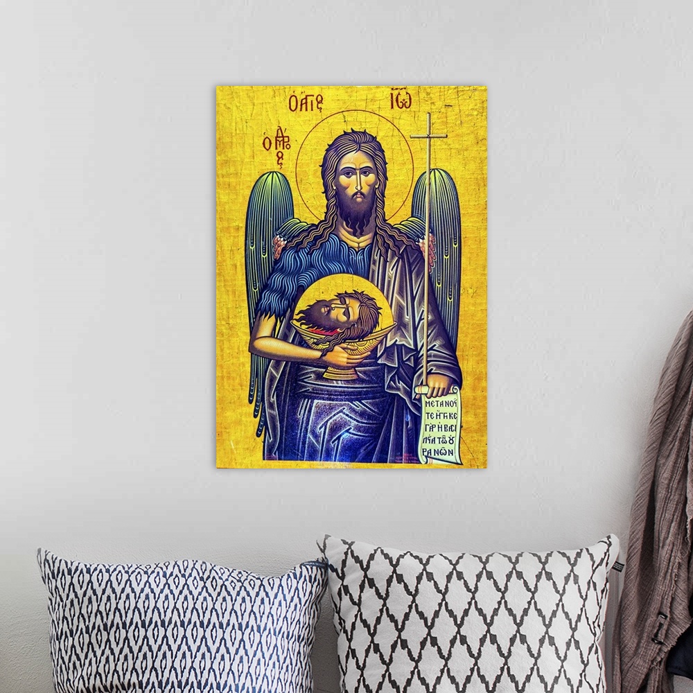 A bohemian room featuring Christ Angel John the Baptist Head Golden Icon Saint George's Greek Orthodox Church Madaba Jordan...