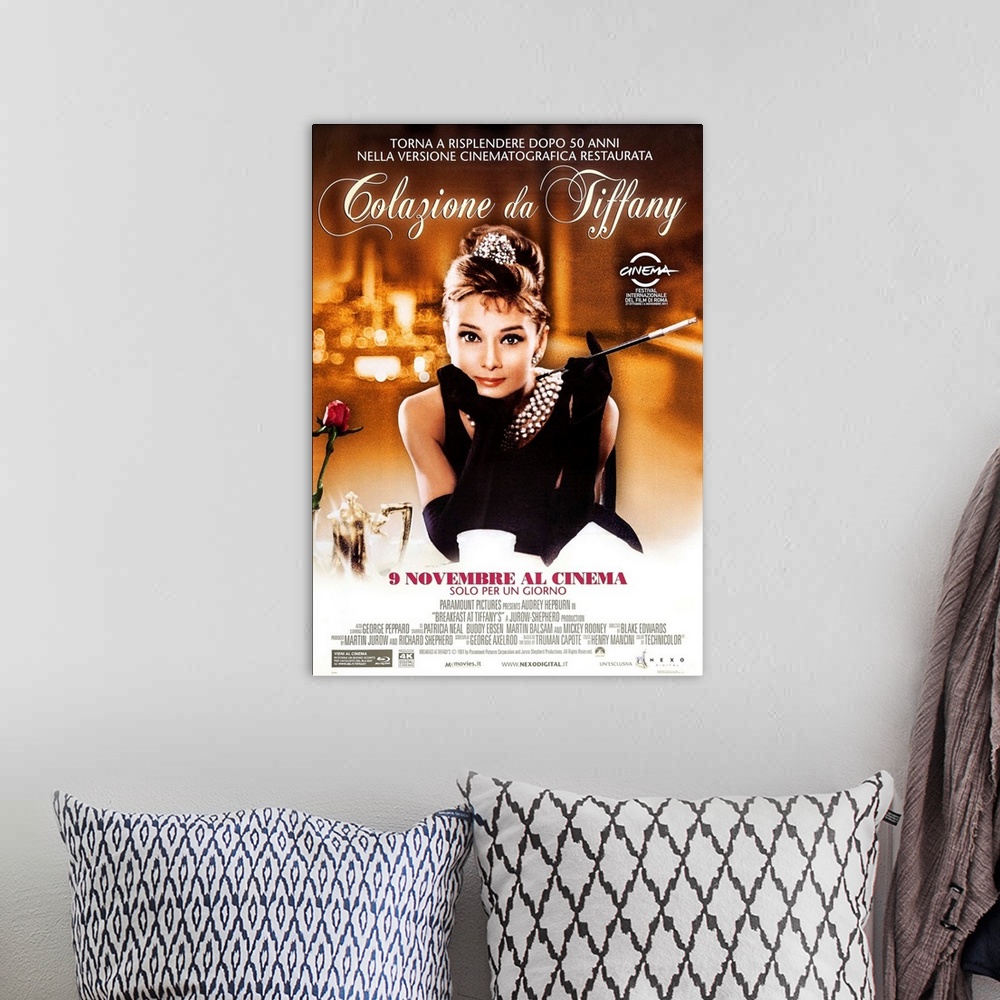A bohemian room featuring BREAKFAST AT TIFFANY'S (aka COLAZIONE DA TIFFANY), Italian poster, Audrey Hepburn, 1961.
