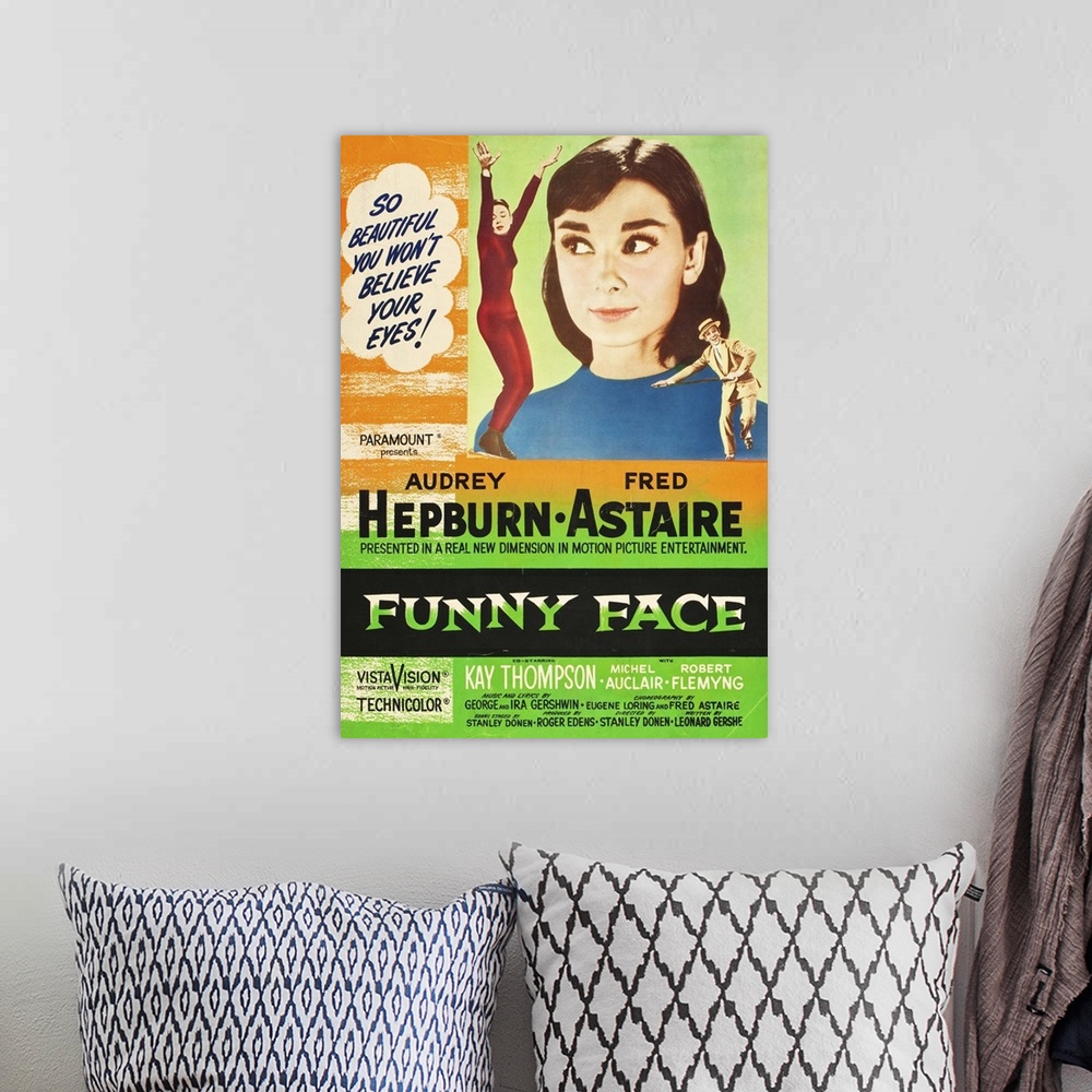 A bohemian room featuring FUNNY FACE, l-r: Audrey Hepburn, Fred Astaire on US poster art, 1957.
