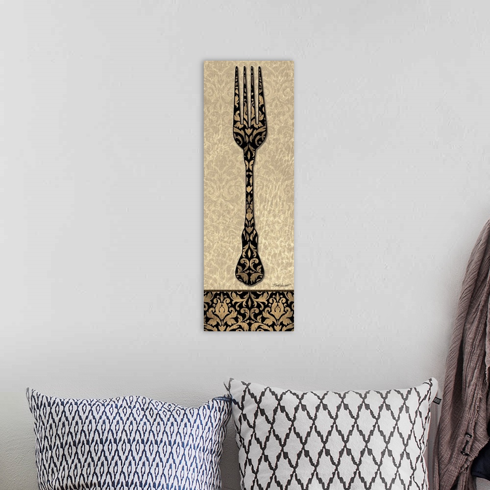 A bohemian room featuring Home decor in brown, black, and gold tones with an illustration of a fork with a paisley design.