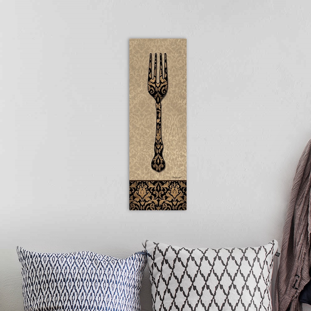A bohemian room featuring Home decor in brown, black, and gold tones with an illustration of a salad fork with a paisley de...