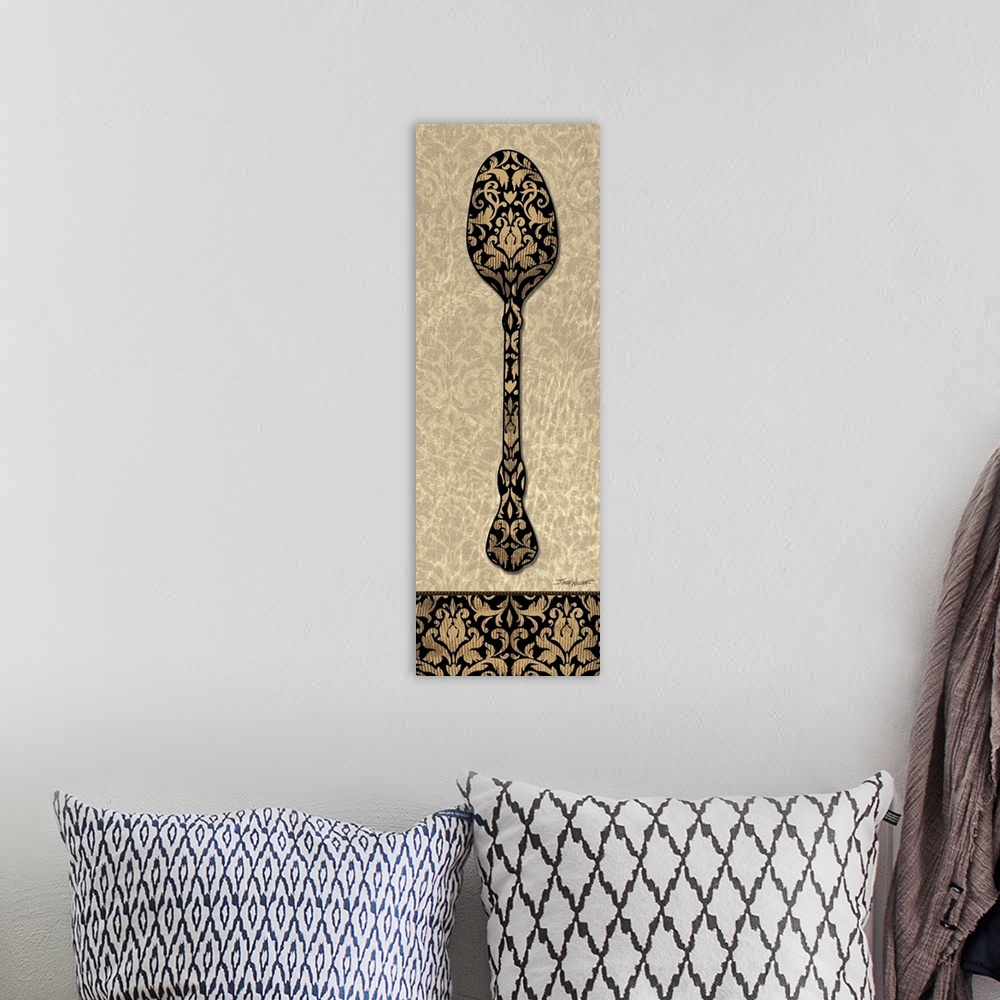 A bohemian room featuring Home decor in brown, black, and gold tones with an illustration of a spoon with a paisley design.