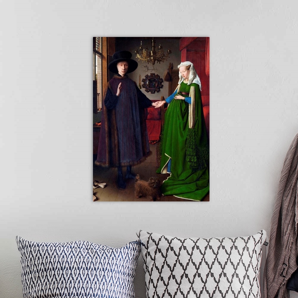 A bohemian room featuring Jan Van Eyck, Giovanni Arnolfini and His Bride (The Arnolfini Marriage), 1434. Oil on wood, 32 x ...