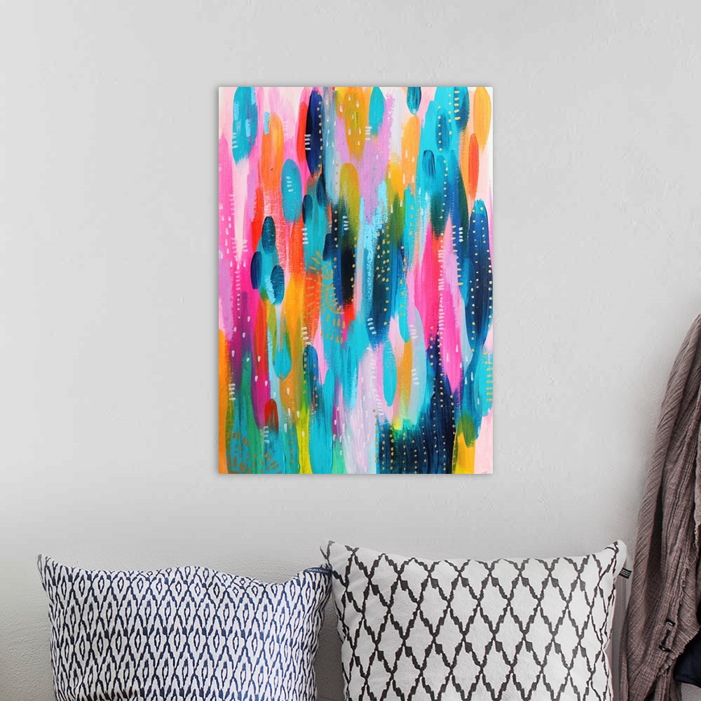 Bright Brush Strokes Teal And Pink Wall Art, Canvas Prints, Framed ...