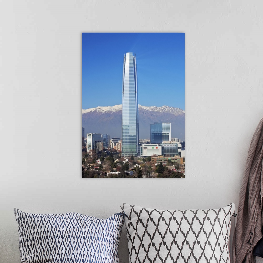 A bohemian room featuring Chile, Santiago, View from the Parque Metropolitano towards the high raised buildings with Costan...