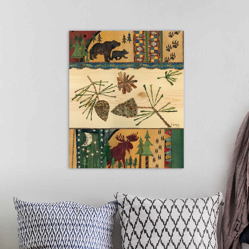 A bohemian room featuring Bears, moose and pinecones in a forest scene with patterns.