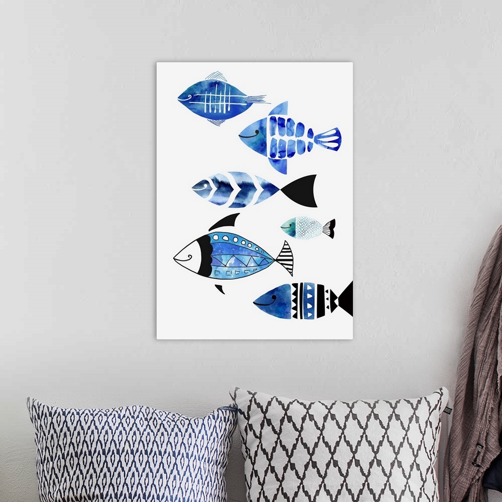 A bohemian room featuring A modern watercolor design of a group of fish in different patterned colors of blue and green.