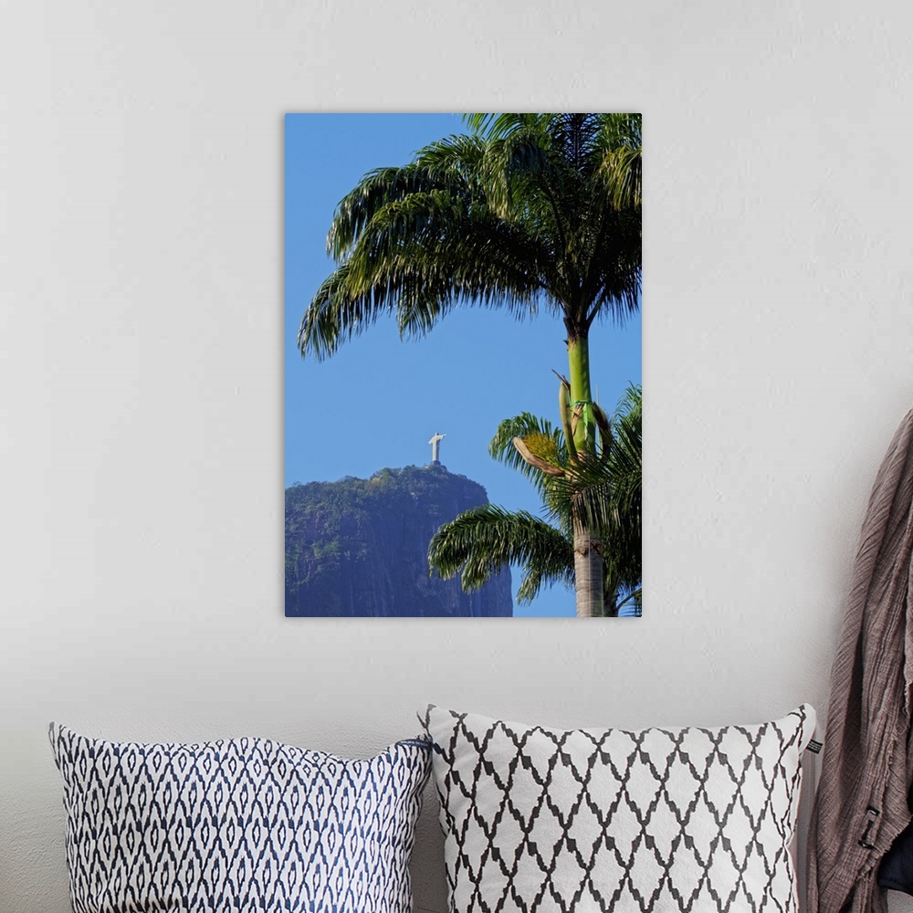 A bohemian room featuring Corcovado and Christ statue viewed through the palm trees of the Botanical Garden, Zona Sul, Rio ...