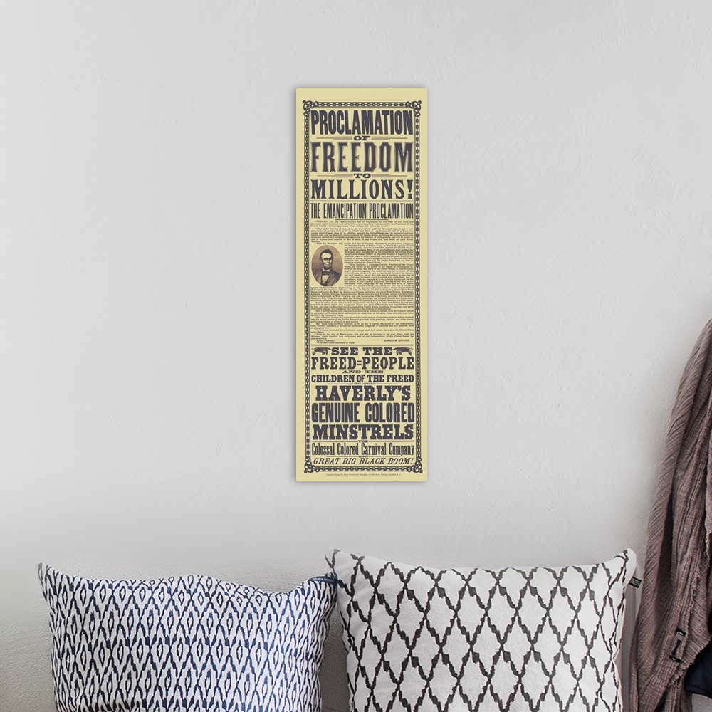A bohemian room featuring Civil War history print of a flyer with the Emancipation Proclamation.