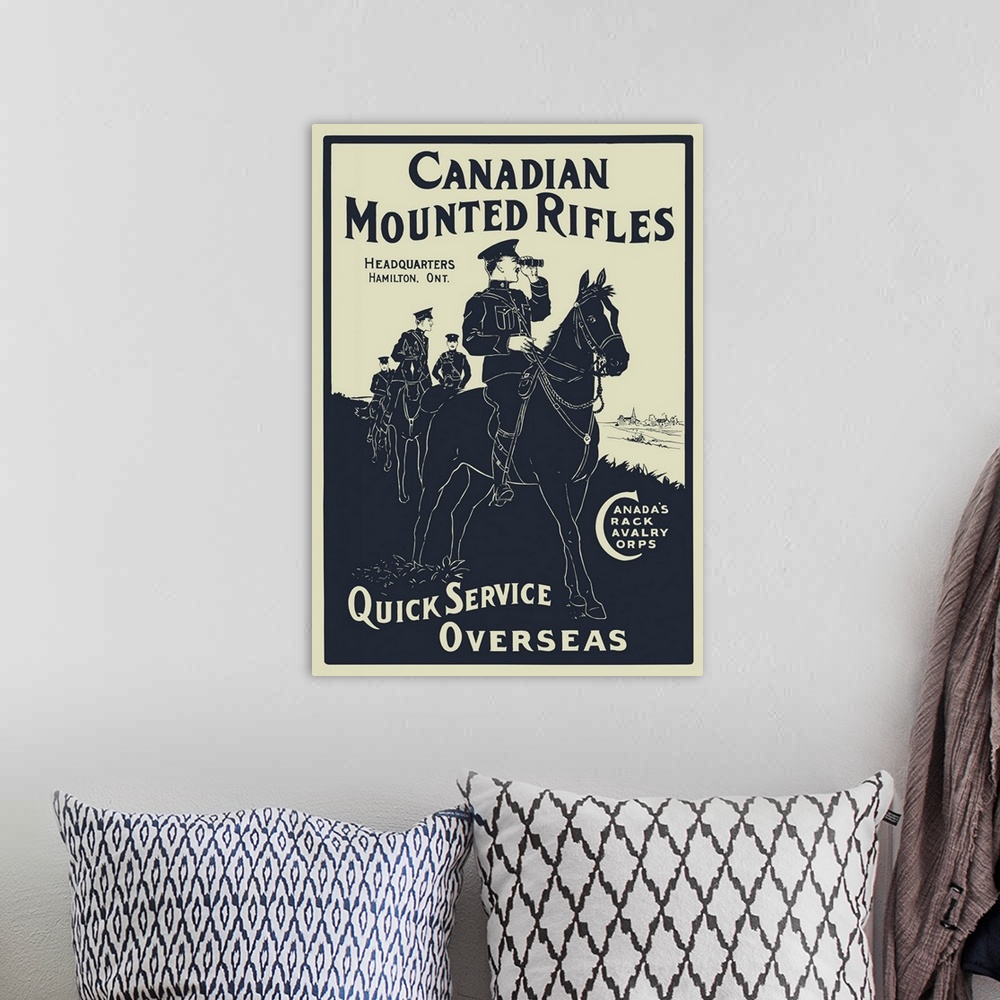 A bohemian room featuring The Royal Canadian Mounted Police on horses, out on patrol overlooking a village.