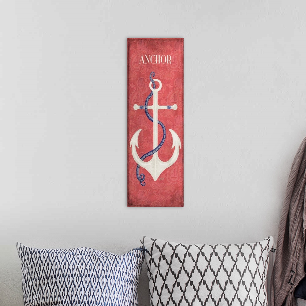 A bohemian room featuring Tall sign with an anchor in the center, the word "Anchor" written at the top, and a red backgroun...