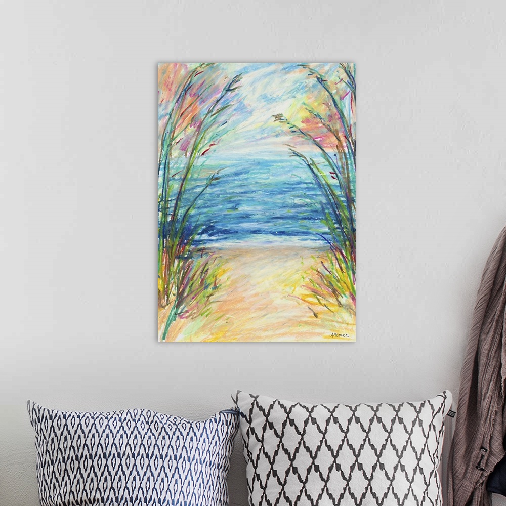 A bohemian room featuring A bright and vibrant painting of a path made through sea grass that leads straight to the ocean.