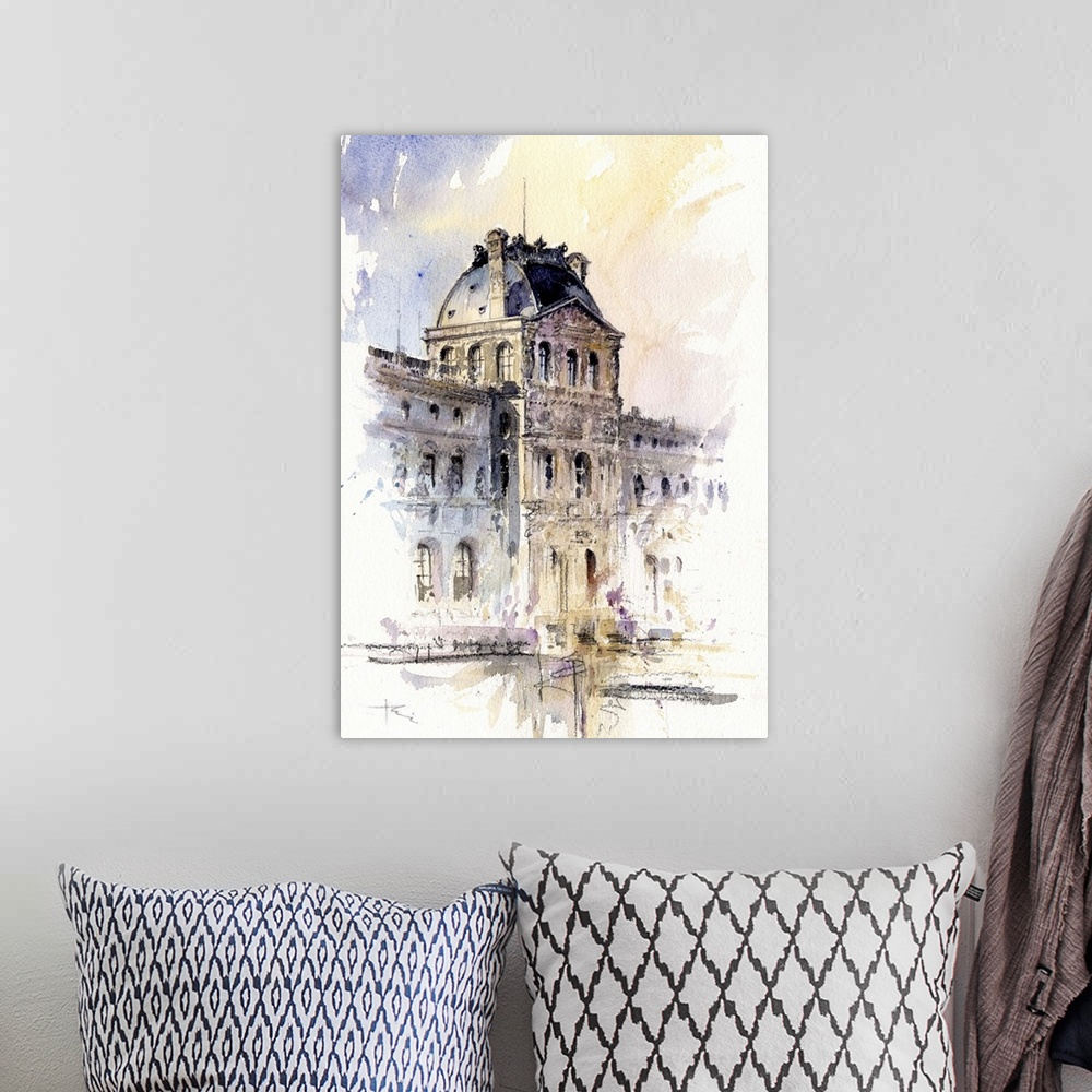 A bohemian room featuring This contemporary artwork is a quick watercolor sketch of the architectural details of the Lourve...