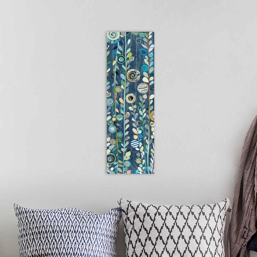 A bohemian room featuring Contemporary painting of long stems of leafy flowers against a navy blue background.