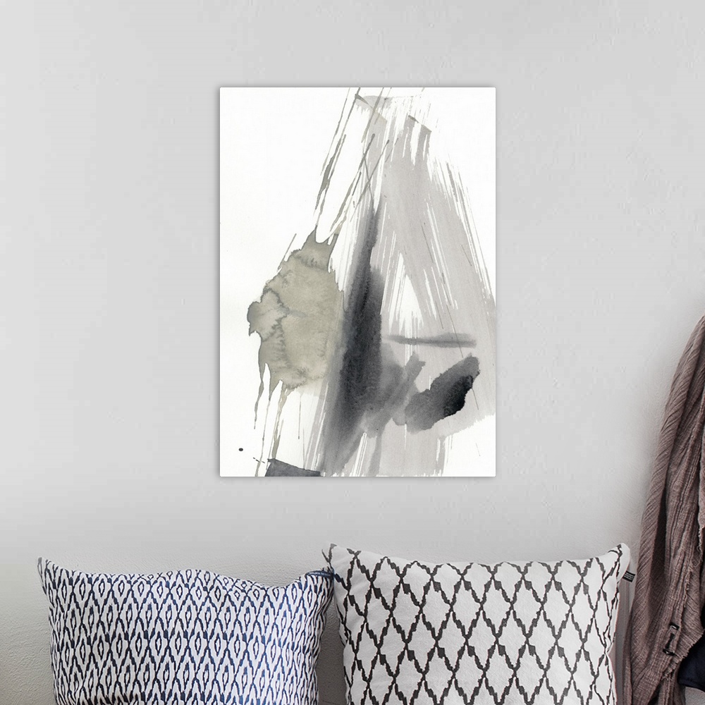 A bohemian room featuring Vertical abstract painting of free form brush strokes of neutral colors.