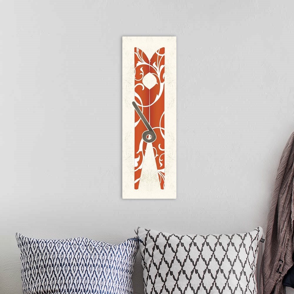 A bohemian room featuring Contemporary painting of a orange clothespin with a white damask pattern.
