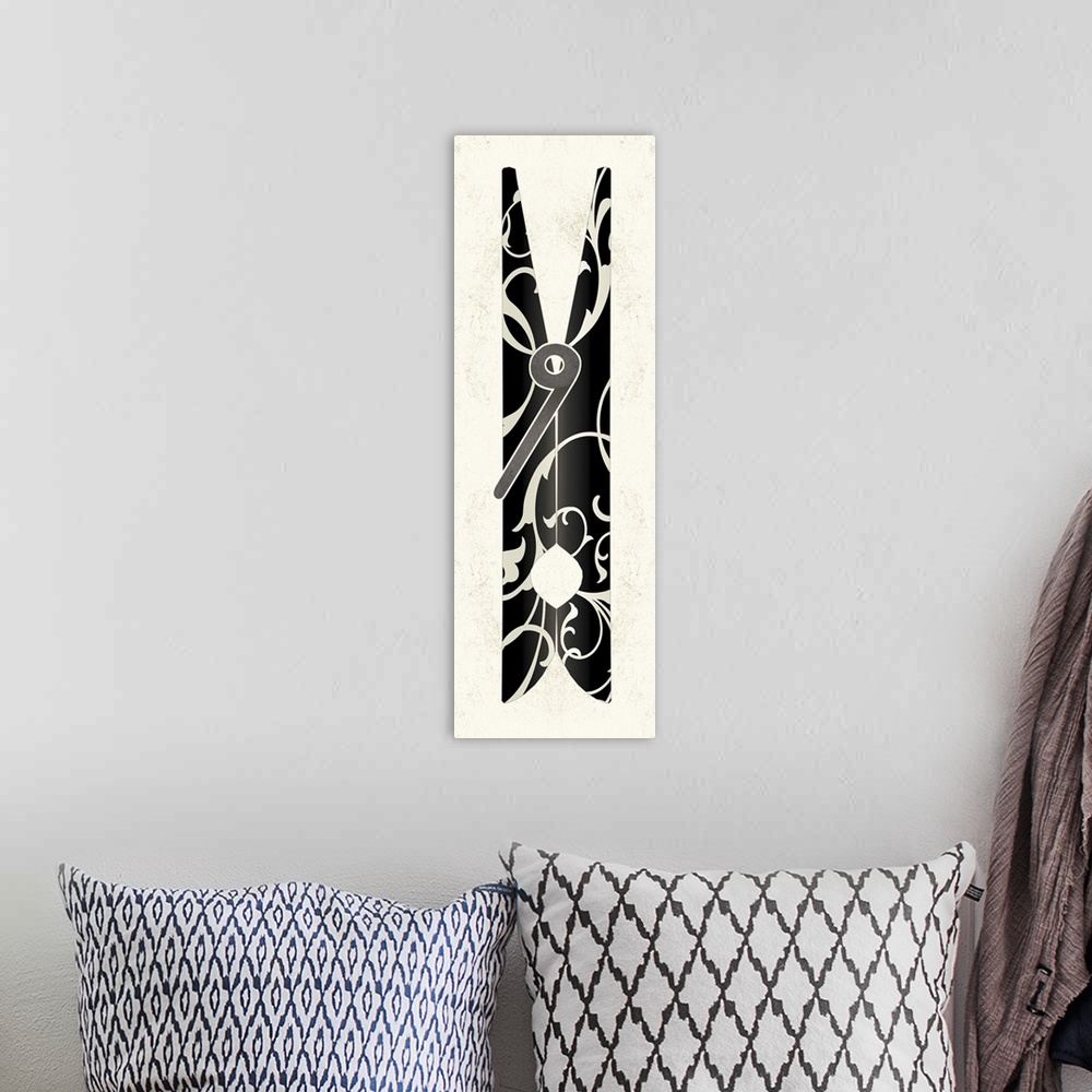 A bohemian room featuring Contemporary painting of a black clothespin with a white damask pattern.