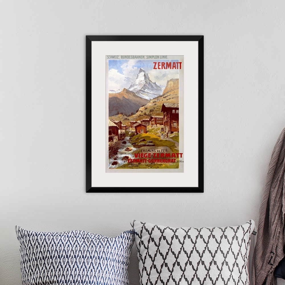 A bohemian room featuring Vertical vintage poster, advertising the Swiss Alps in Zermatt.  Mountains behind a small village...