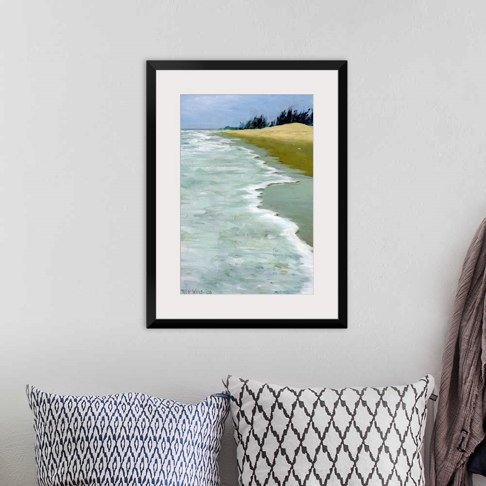 A bohemian room featuring This is a contemporary painting showing waves rocking against the shore of a sandy beach on a ver...
