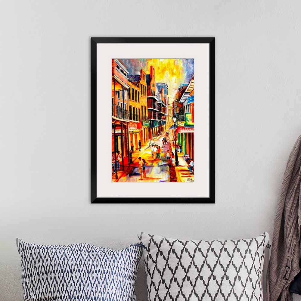 A bohemian room featuring Giant, vertical, contemporary painting looking down a row of buildings on either side of Bourbon ...