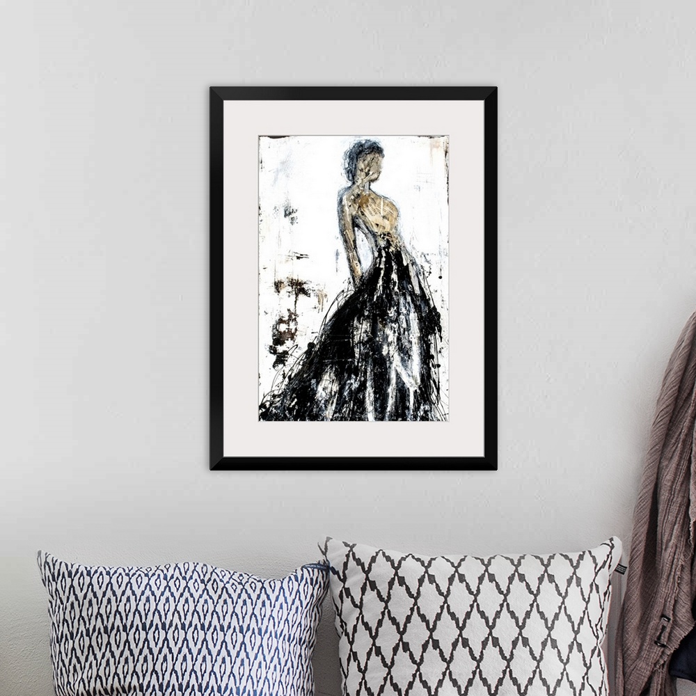 A bohemian room featuring Abstract painting of a faceless woman in a long black gown with a tan body created with cut up pi...