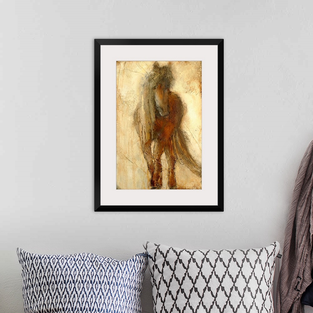 A bohemian room featuring A large contemporary art piece of a horse that includes a lot of texture and warm tones.