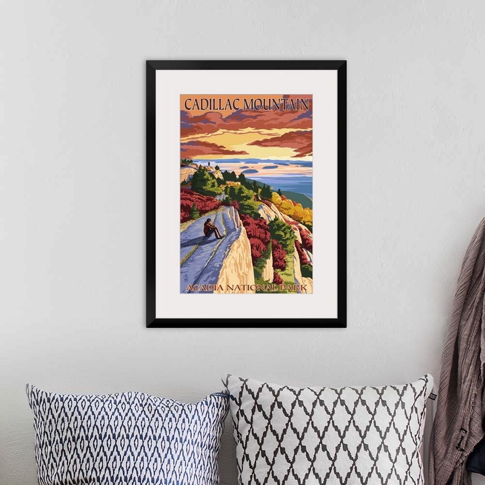 A bohemian room featuring Acadia National Park, Maine - Cadillac Mountain: Retro Travel Poster