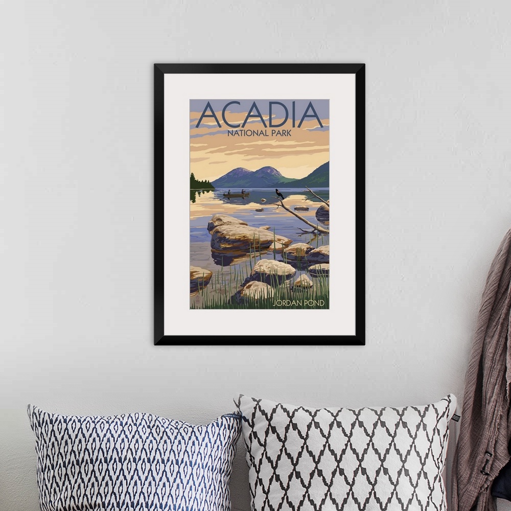 A bohemian room featuring Acadia National Park, Maine - Jordan Pond: Retro Travel Poster