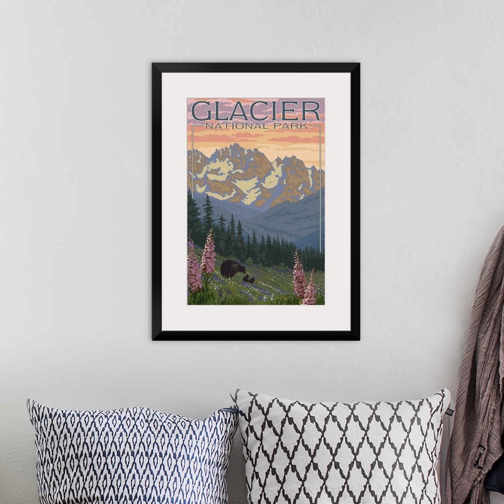 A bohemian room featuring Bear and Cubs with Flowers - Glacier National Park, Montana: Retro Travel Poster