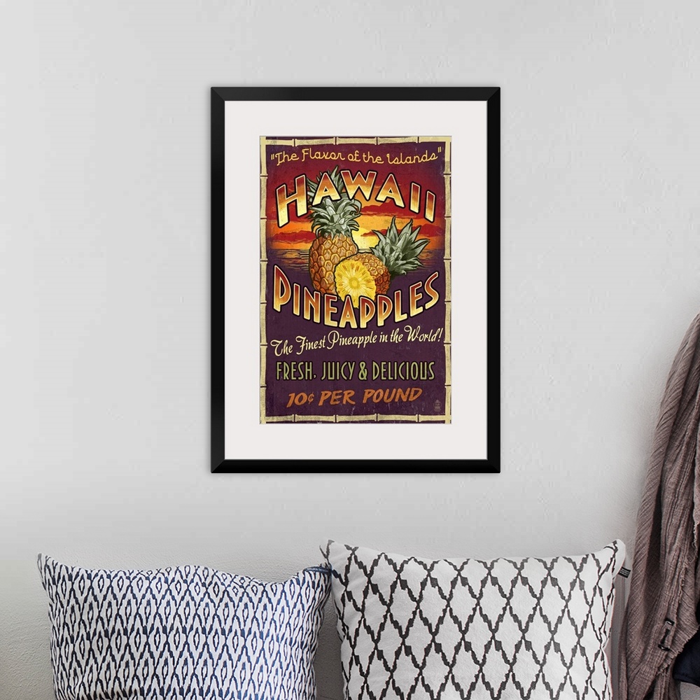 A bohemian room featuring Hawaiian Pineapple Vintage Sign: Retro Travel Poster
