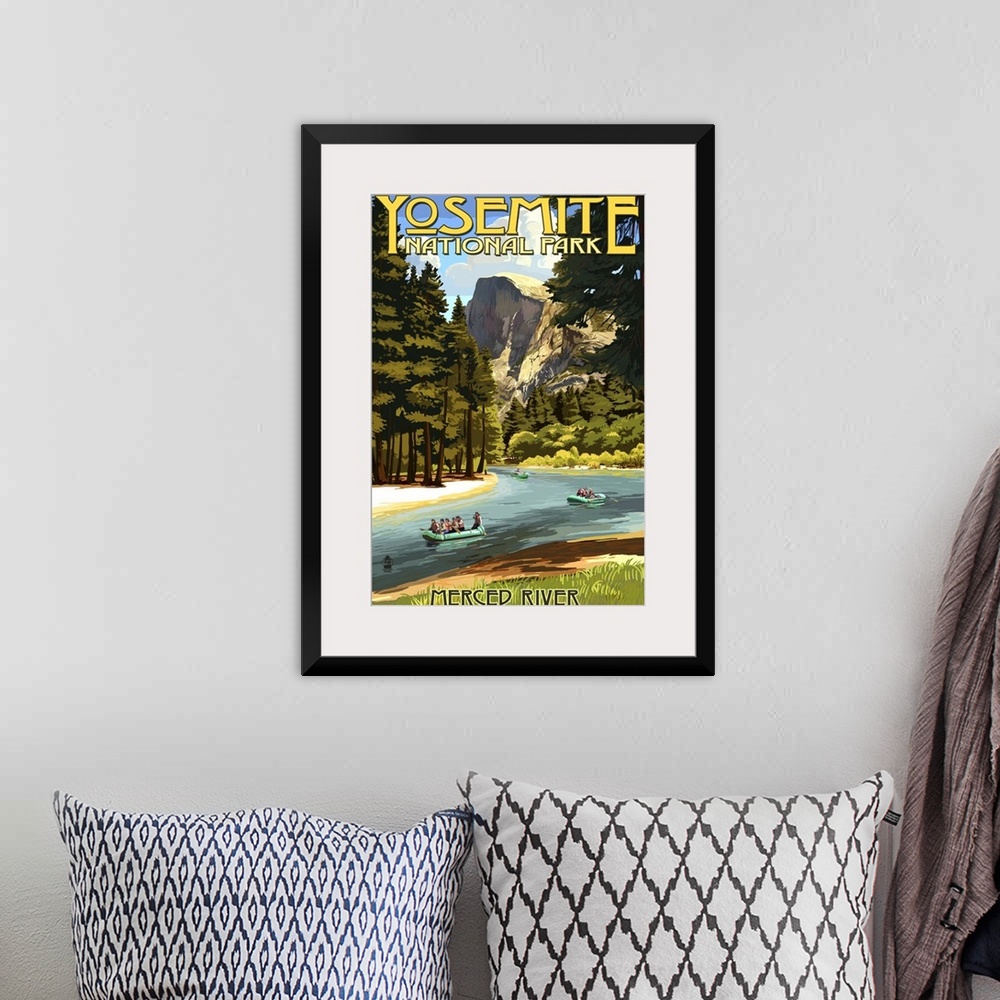 A bohemian room featuring Merced River Rafting - Yosemite National Park, California: Retro Travel Poster