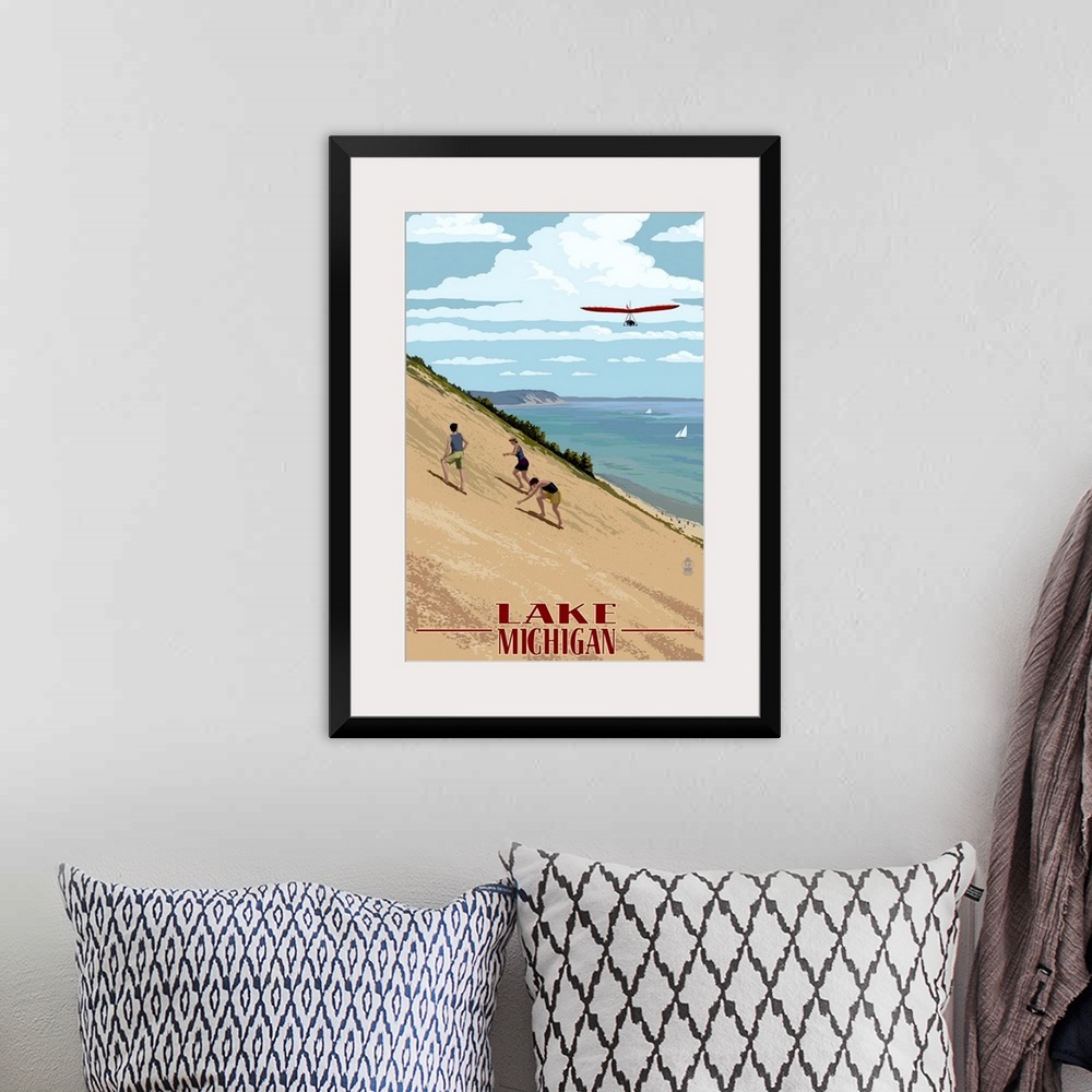 A bohemian room featuring Michigan - Dunes: Retro Travel Poster