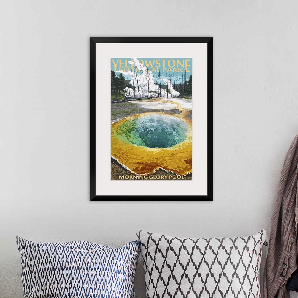 A bohemian room featuring Retro stylized art poster of a geothermal pool. With bare trees and steam in the background.
