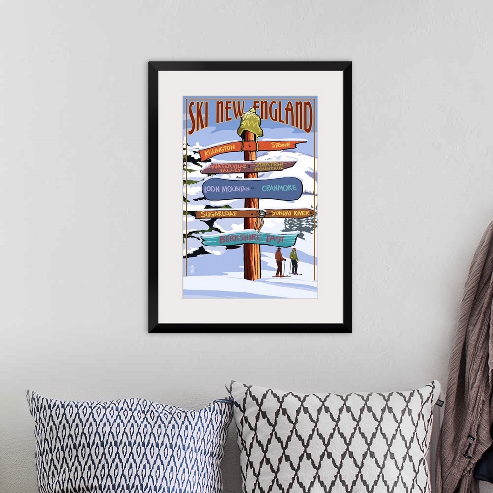A bohemian room featuring New England - Ski Areas Sign Destinations: Retro Travel Poster