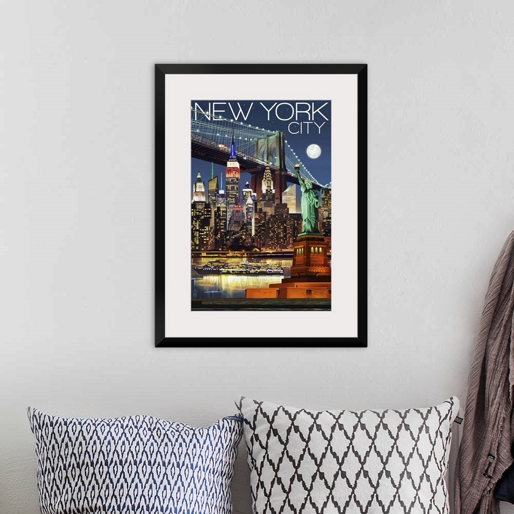 A bohemian room featuring New York City, NY - Skyline at Night: Retro Travel Poster