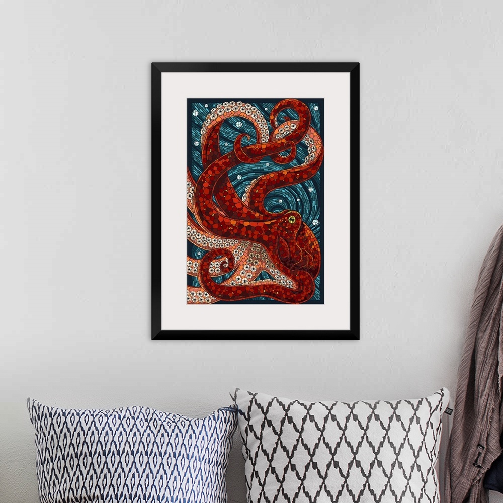 A bohemian room featuring An intricately flowing mosaic-style image of a large red octopus fills the entire picture. Compli...