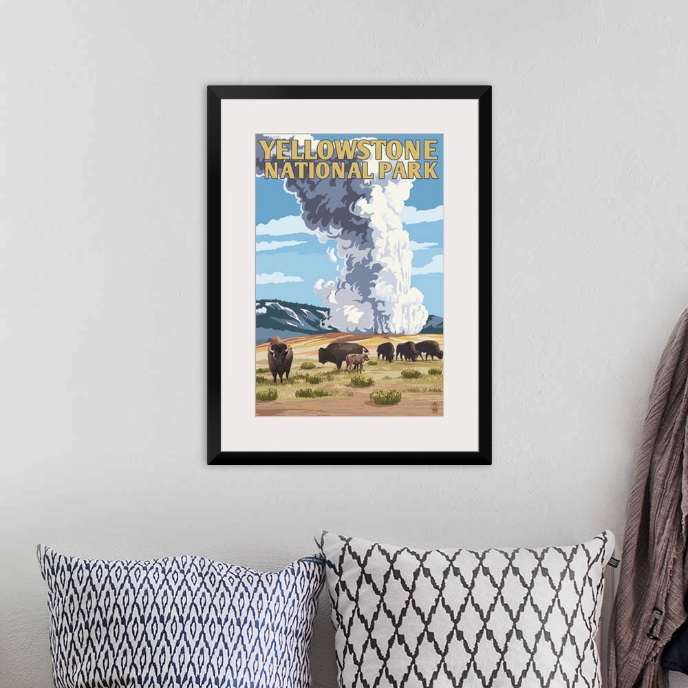 A bohemian room featuring Yellowstone National Park - Old Faithful Geyser and Bison Herd: Retro Travel Poster