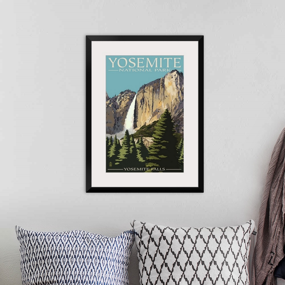 A bohemian room featuring Yosemite Falls - Yosemite National Park, California: Retro Travel Poster