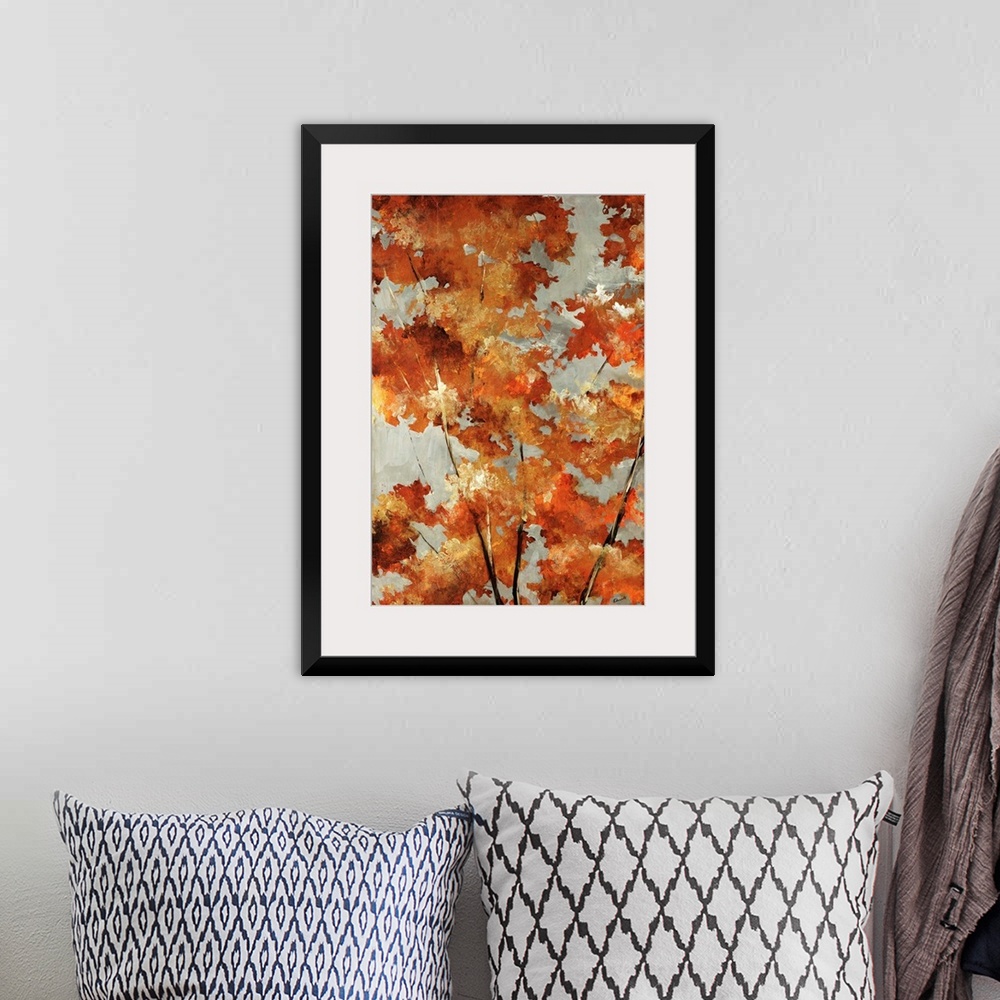 A bohemian room featuring Painting of autumn leaves in varying fall shades from metallic gold to bright orange to burnt sie...