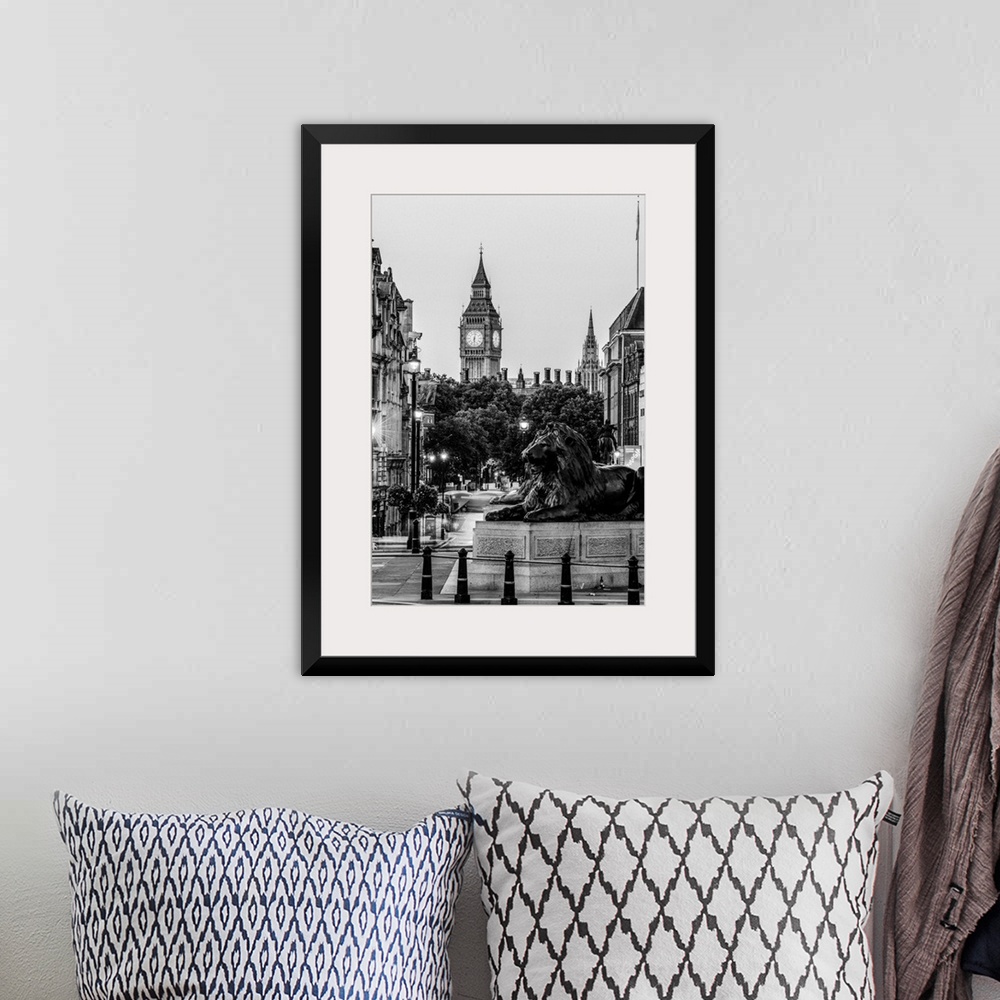 A bohemian room featuring Black and white photograph of Trafalgar Square with the iconic Trafalgar Lions in the foreground ...