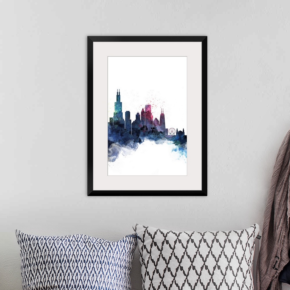 A bohemian room featuring The Chicago city skyline in colorful watercolor splashes.